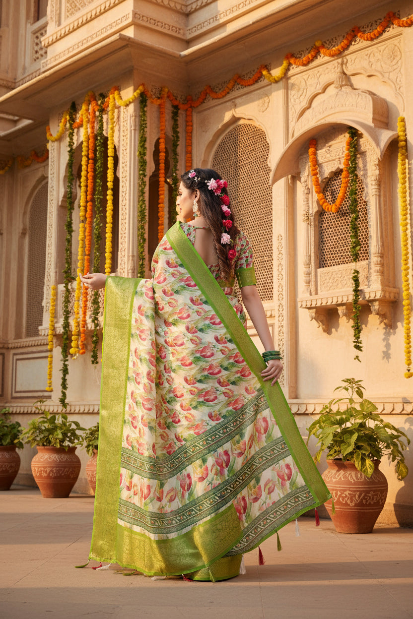 Women's Cotton Silk Floral Printed Saree With Unstitched Blouse 5.5Mtr (Green-White)