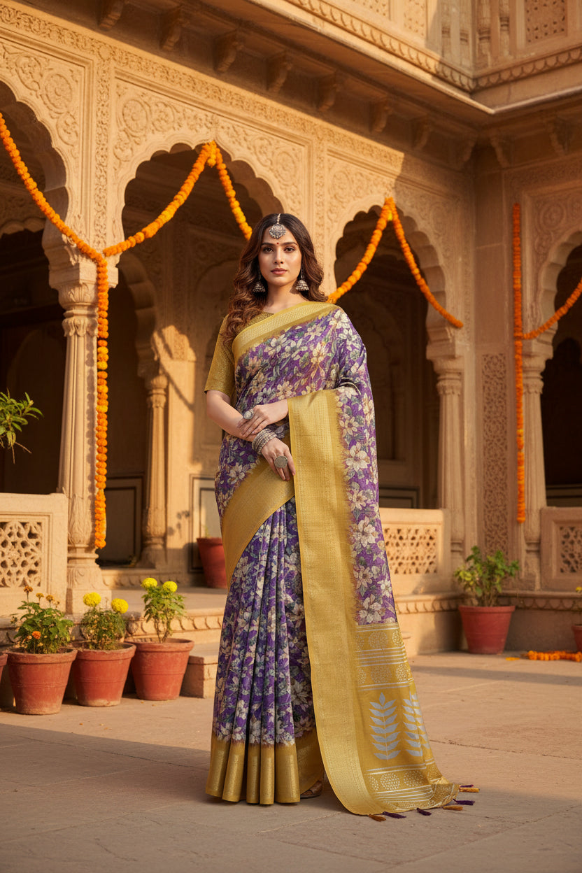 Women's Cotton Silk Floral Printed Saree With Unstitched Blouse 5.5Mtr (Purple)