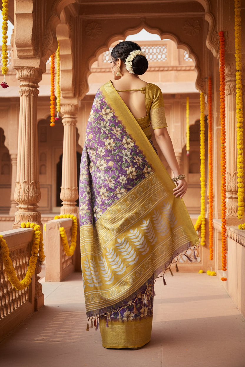 Women's Cotton Silk Floral Printed Saree With Unstitched Blouse 5.5Mtr (Purple)