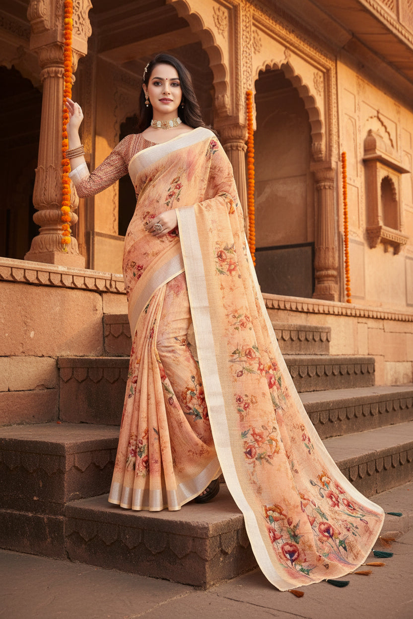 Women's Cotton Silk Floral Printed Saree With Unstitched Blouse 5.5Mtr (Peach)