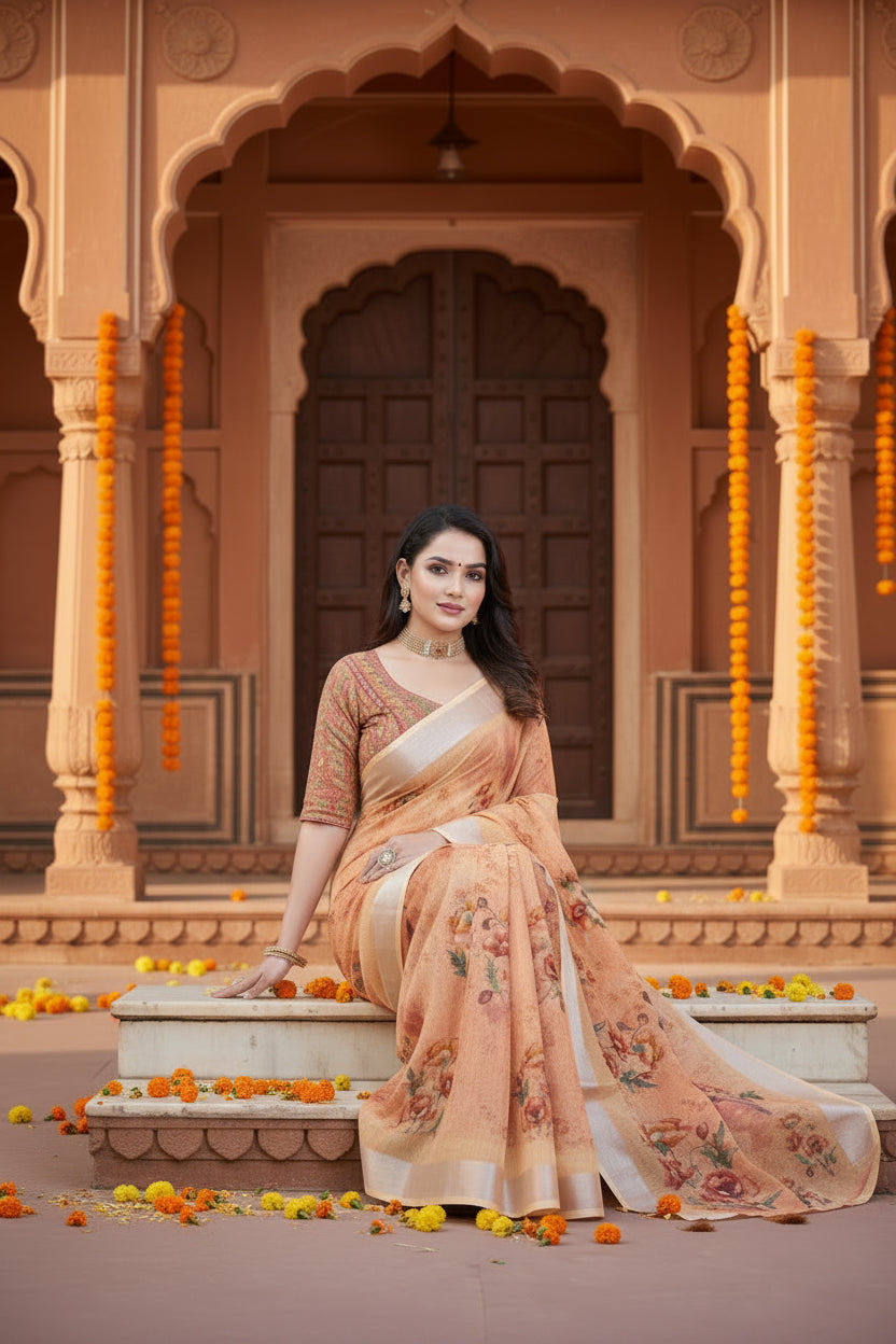 Women's Cotton Silk Floral Printed Saree With Unstitched Blouse 5.5Mtr (Peach)