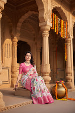 Load image into Gallery viewer, Women's Cotton Silk Floral Printed Saree With Unstitched Blouse 5.5Mtr (Pink-White)
