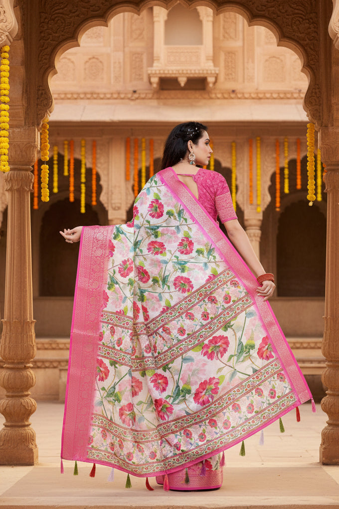 Women's Cotton Silk Floral Printed Saree With Unstitched Blouse 5.5Mtr (Pink-White)
