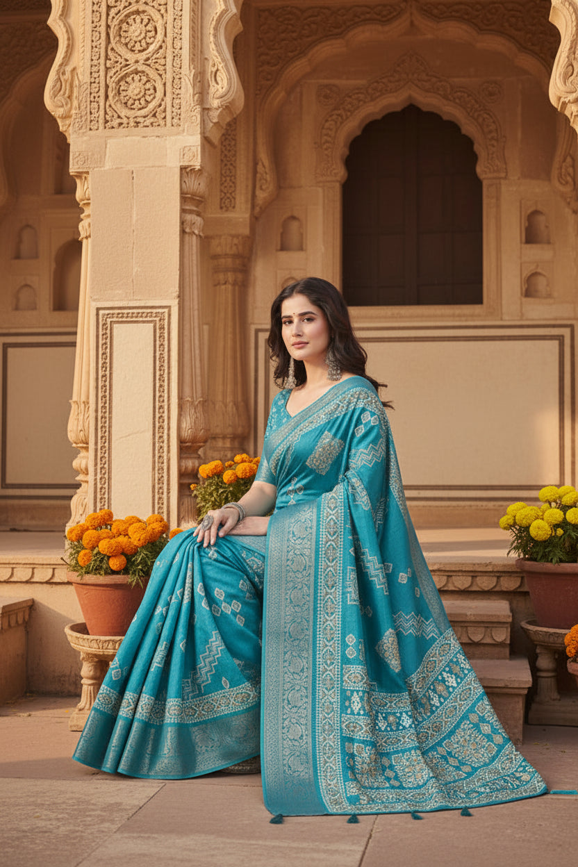 Women's Cotton Silk Printed Saree With Unstitched Blouse 5.5Mtr (Teal)