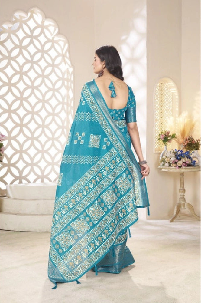 Women's Cotton Silk Printed Saree With Unstitched Blouse 5.5Mtr (Teal)