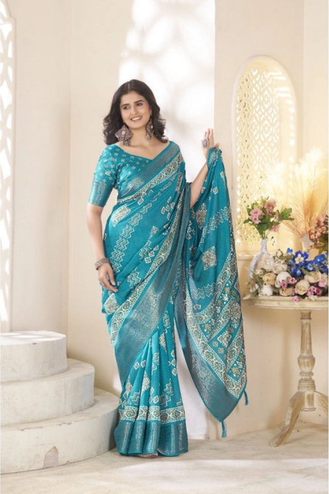 Women's Cotton Silk Printed Saree With Unstitched Blouse 5.5Mtr (Teal)