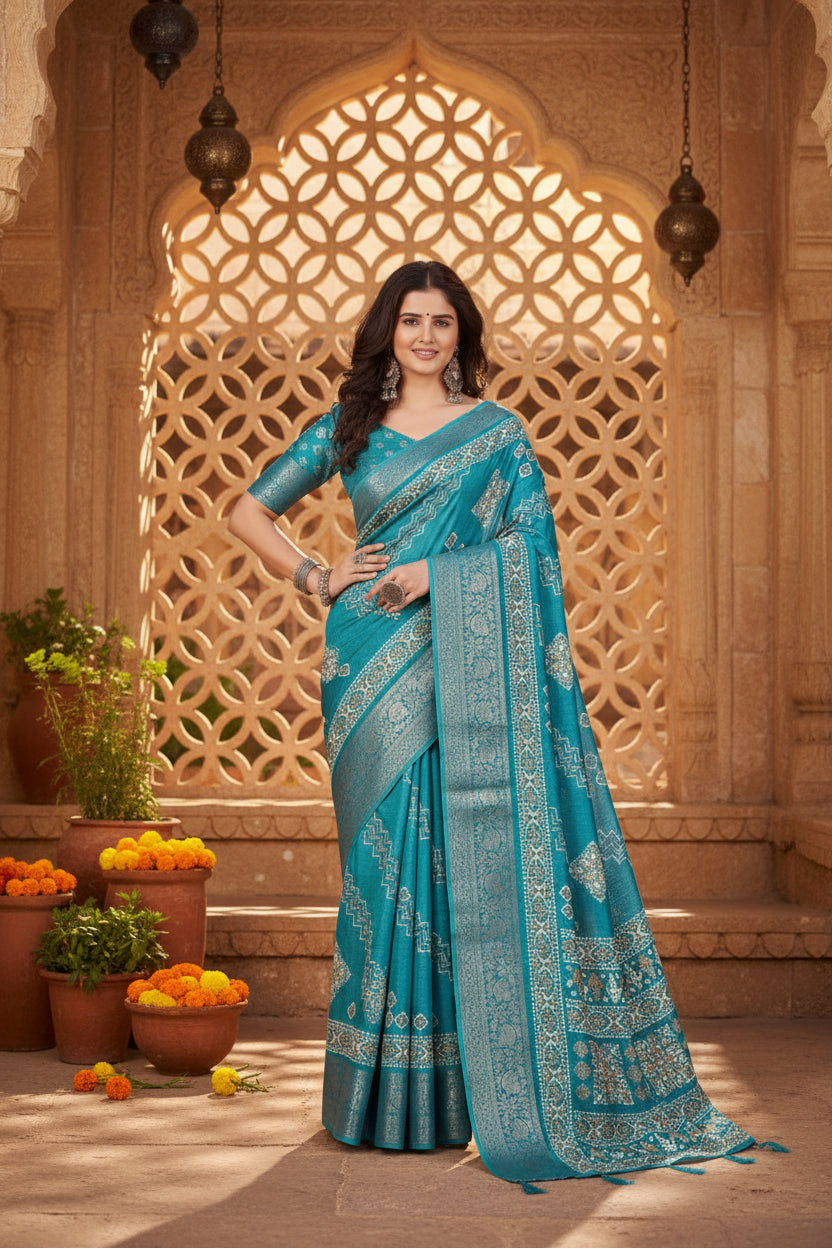 Women's cotton silk printed saree with unstitched blouse 5
