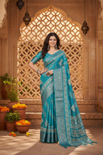 Load image into Gallery viewer, Women's Cotton Silk Printed Saree With Unstitched Blouse 5.5Mtr (Teal)
