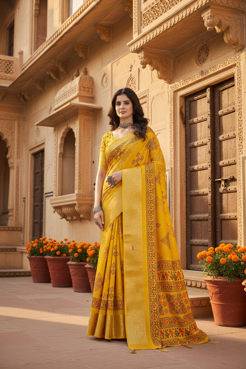 Women's cotton silk printed saree with unstitched blouse 5