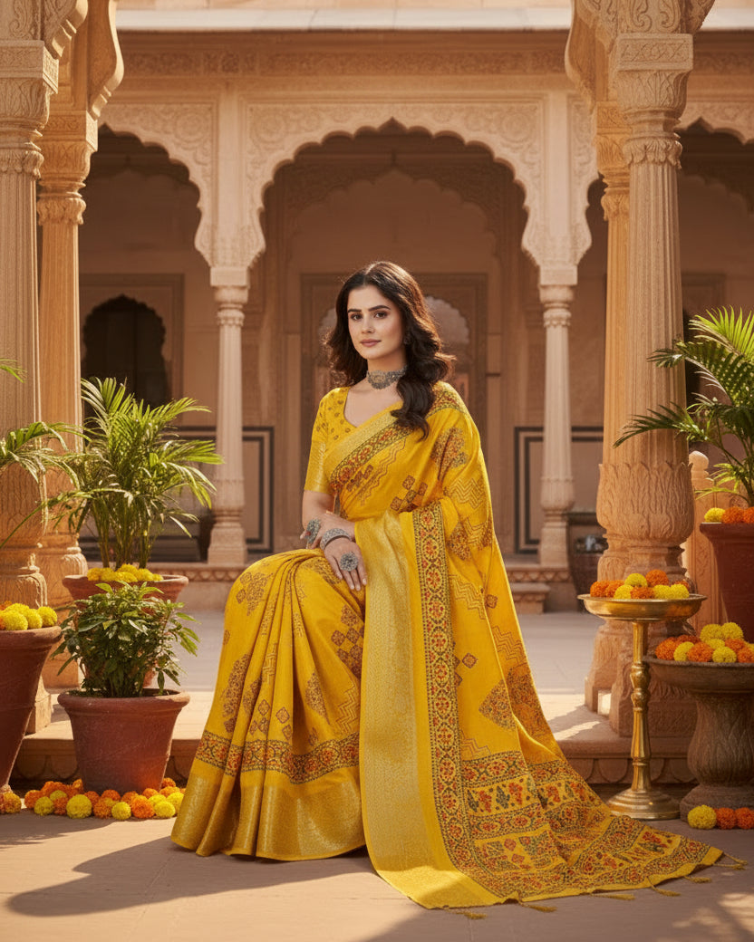 Women's Cotton Silk Printed Saree With Unstitched Blouse 5.5Mtr (Yellow)