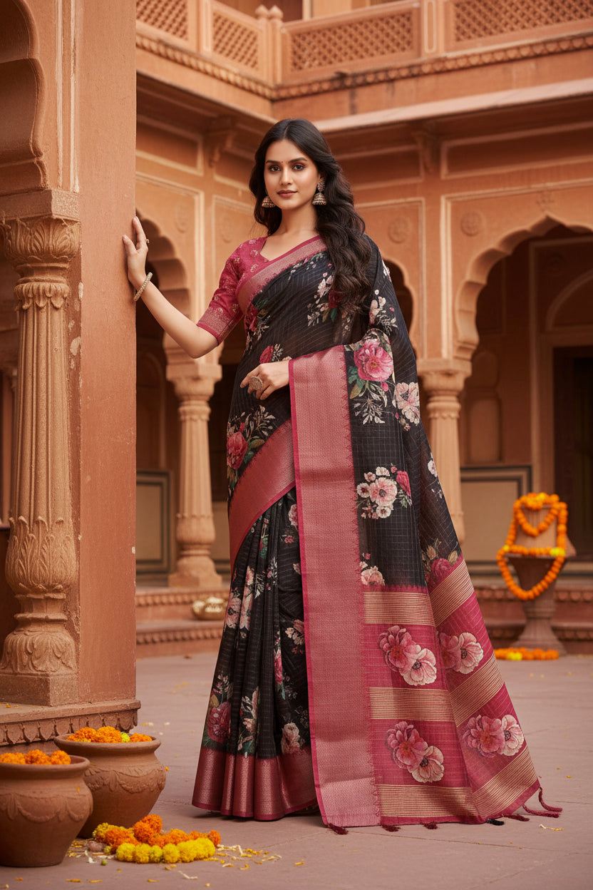 Women's Cotton Silk Floral Printed Saree With Unstitched Blouse 5.5Mtr (Black)
