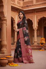 Load image into Gallery viewer, Women's Cotton Silk Floral Printed Saree With Unstitched Blouse 5.5Mtr (Black)
