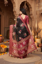 Load image into Gallery viewer, Women's Cotton Silk Floral Printed Saree With Unstitched Blouse 5.5Mtr (Black)
