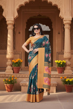 Load image into Gallery viewer, Women's Cotton Silk Floral Printed Saree With Unstitched Blouse 5.5Mtr (Blue)
