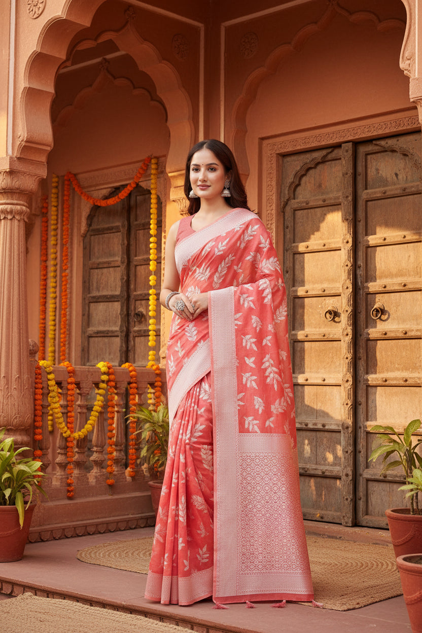 Women's Art Silk Jacquard Printed Saree With Unstitched Blouse 5.5Mtr (Peach)