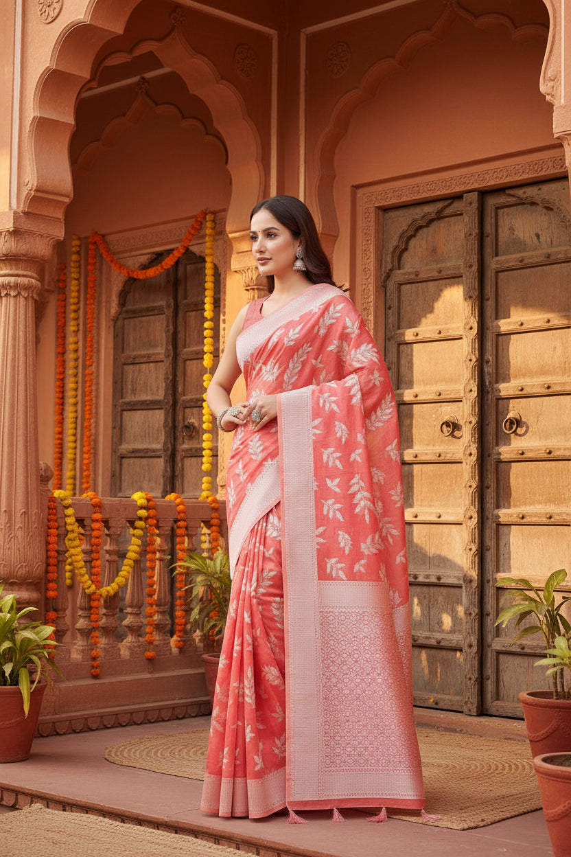 Women's Art Silk Jacquard Printed Saree With Unstitched Blouse 5.5Mtr (Peach)