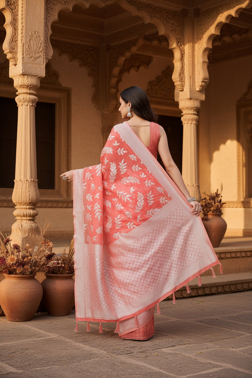 Women's Art Silk Jacquard Printed Saree With Unstitched Blouse 5.5Mtr (Peach)