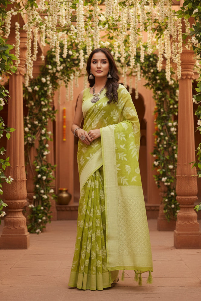 Women's Art Silk Jacquard Printed Saree With Unstitched Blouse 5.5Mtr (Light Green)