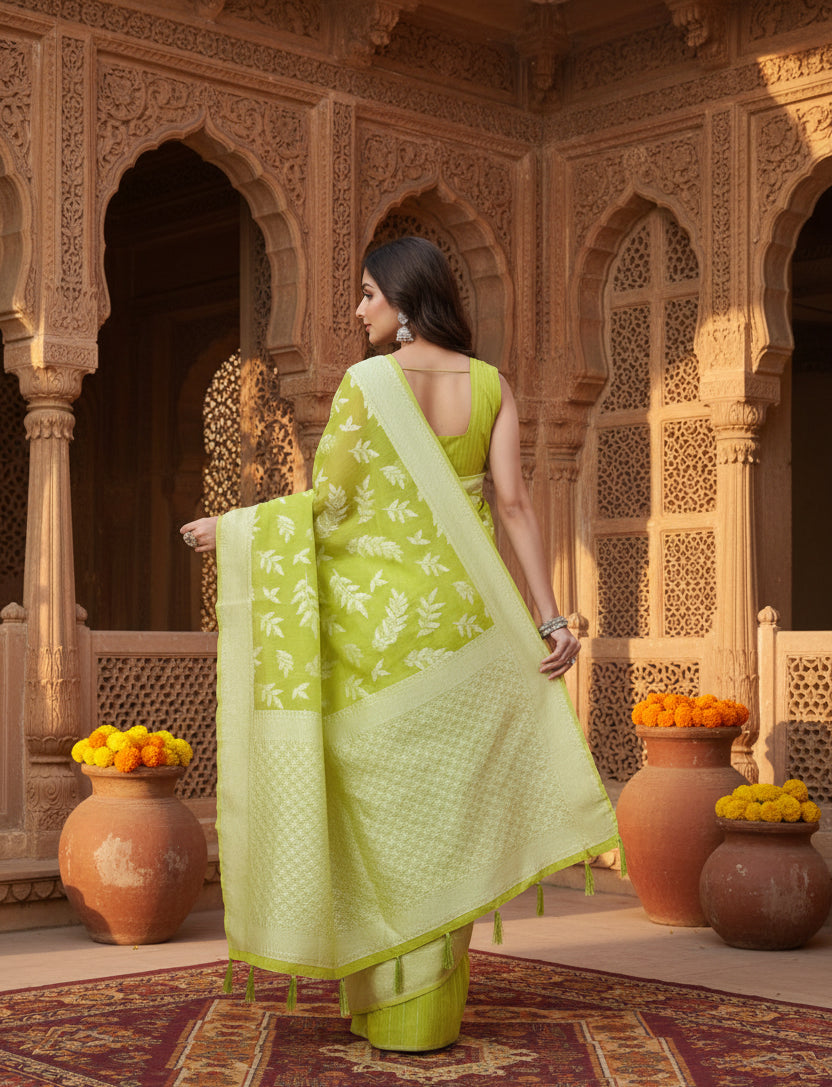 Women's Art Silk Jacquard Printed Saree With Unstitched Blouse 5.5Mtr (Light Green)