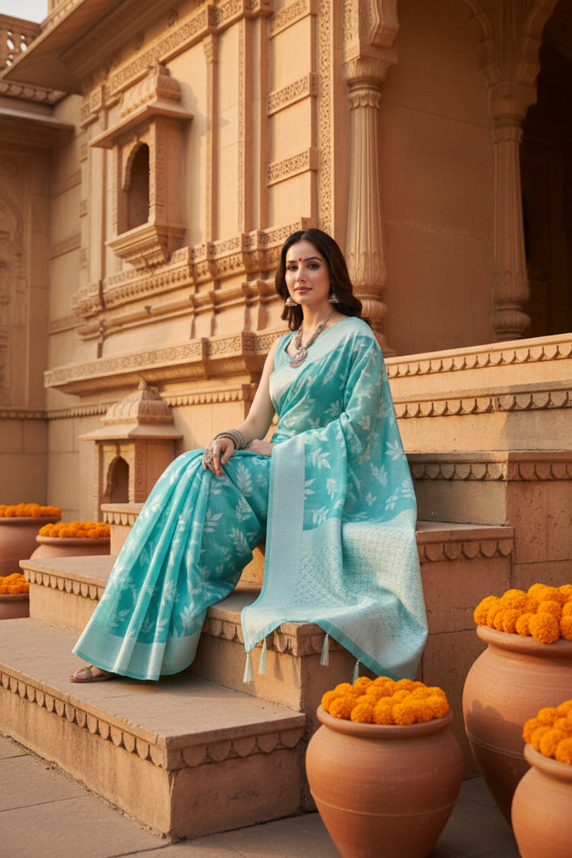 Women's art silk jacquard printed saree with unstitched blouse 5
