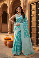 Load image into Gallery viewer, Women's Art Silk Jacquard Printed Saree With Unstitched Blouse 5.5Mtr (Sky Blue)
