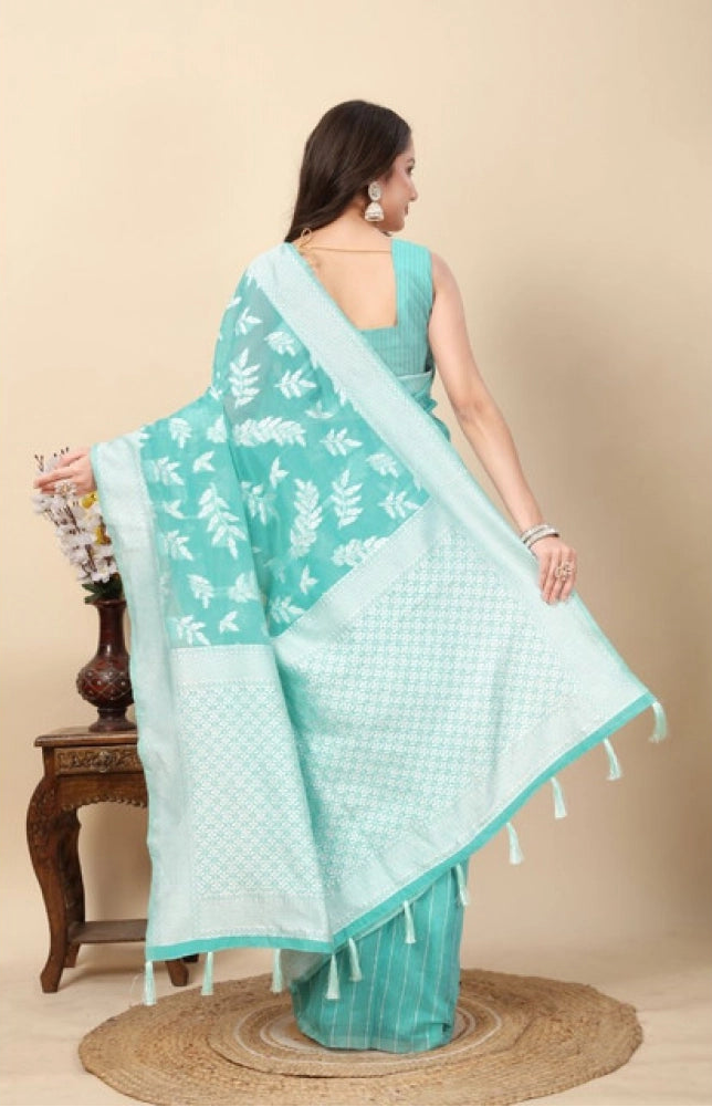 Women's Art Silk Jacquard Printed Saree With Unstitched Blouse 5.5Mtr (Sky Blue)