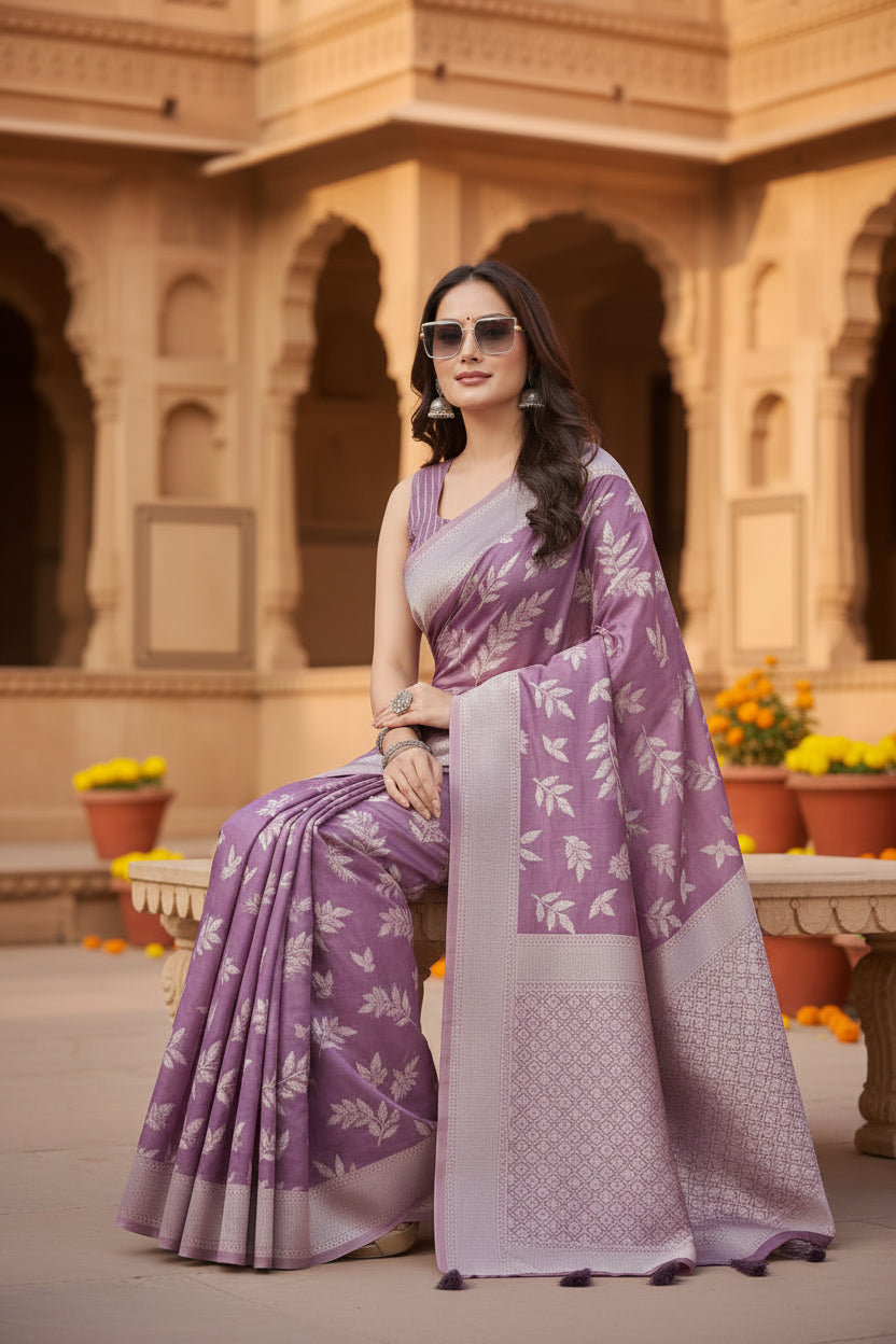 Women's Art Silk Jacquard Printed Saree With Unstitched Blouse 5.5Mtr (Purple)