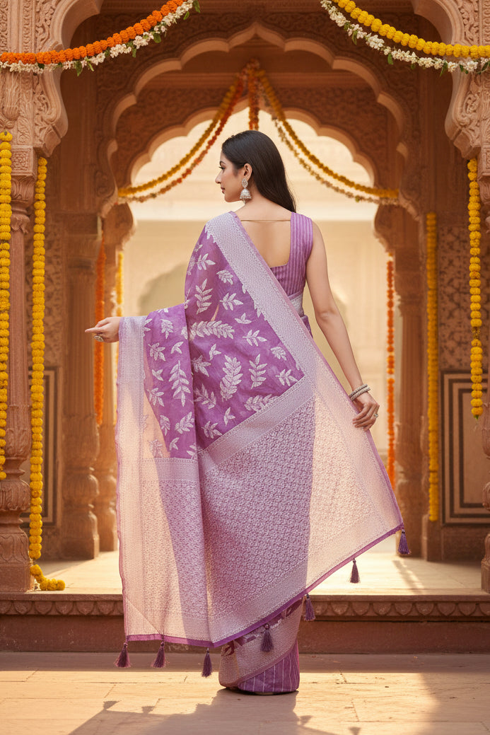 Women's Art Silk Jacquard Printed Saree With Unstitched Blouse 5.5Mtr (Purple)