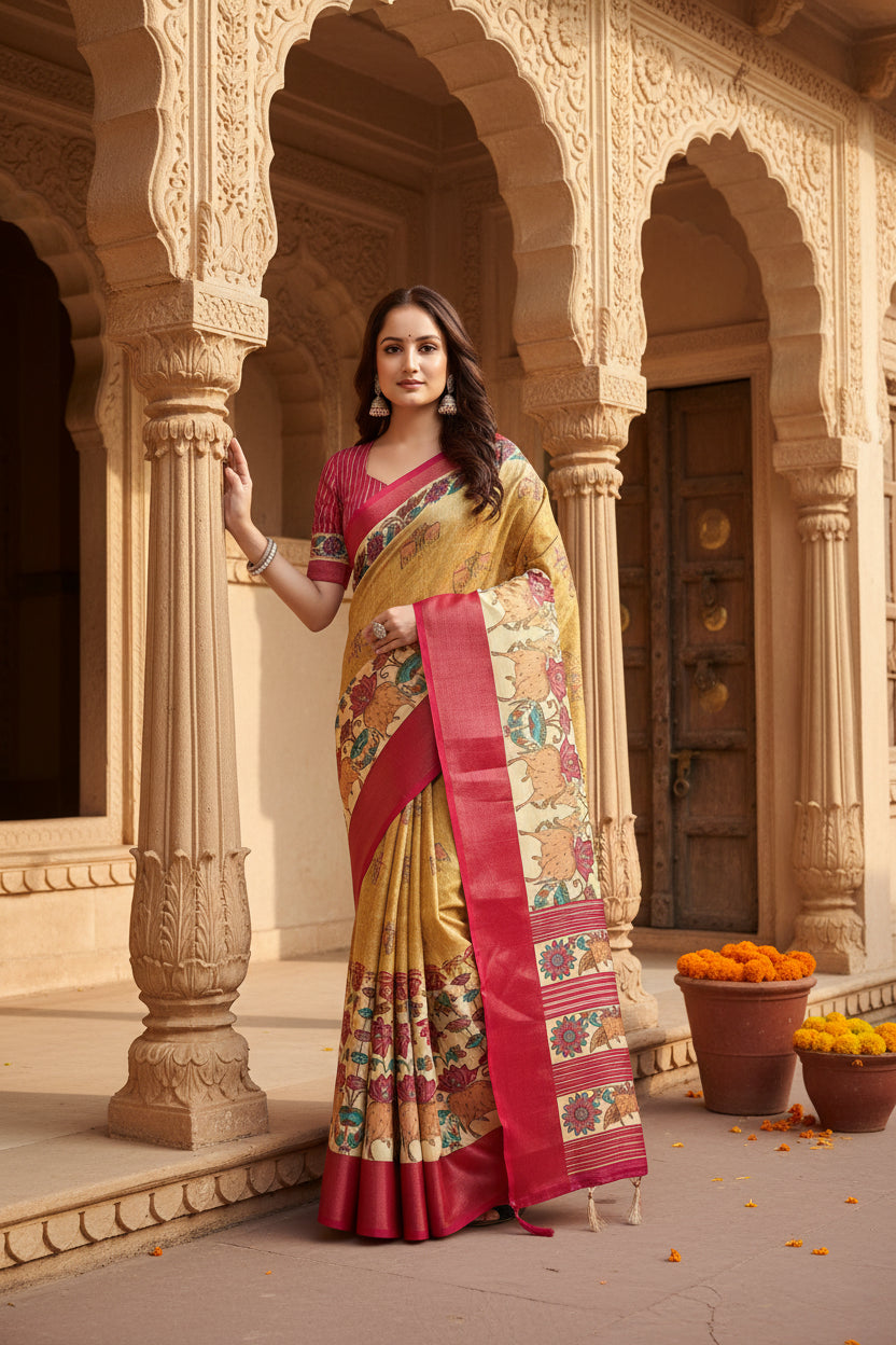 Women's cotton silk printed saree with unstitched blouse 5
