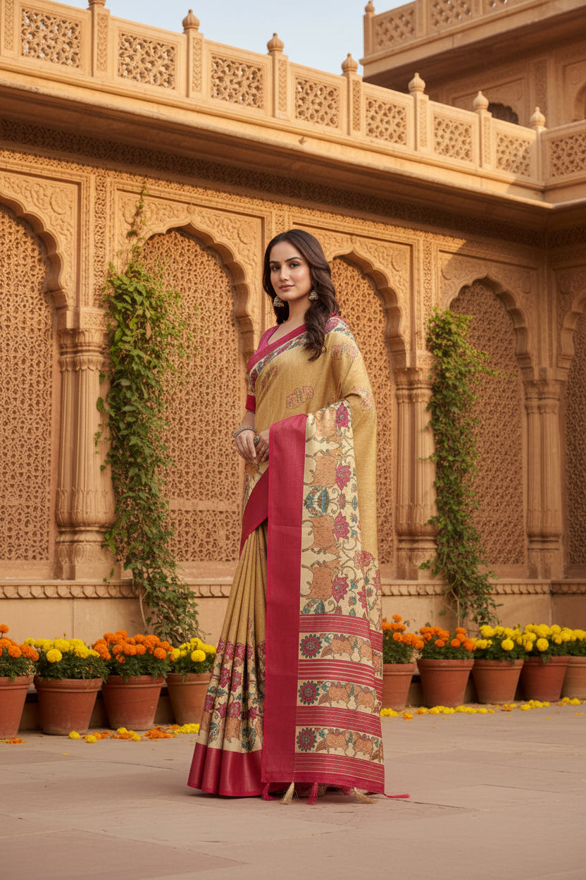 Women's Cotton Silk Printed Saree With Unstitched Blouse 5.5Mtr (Yellow Red)