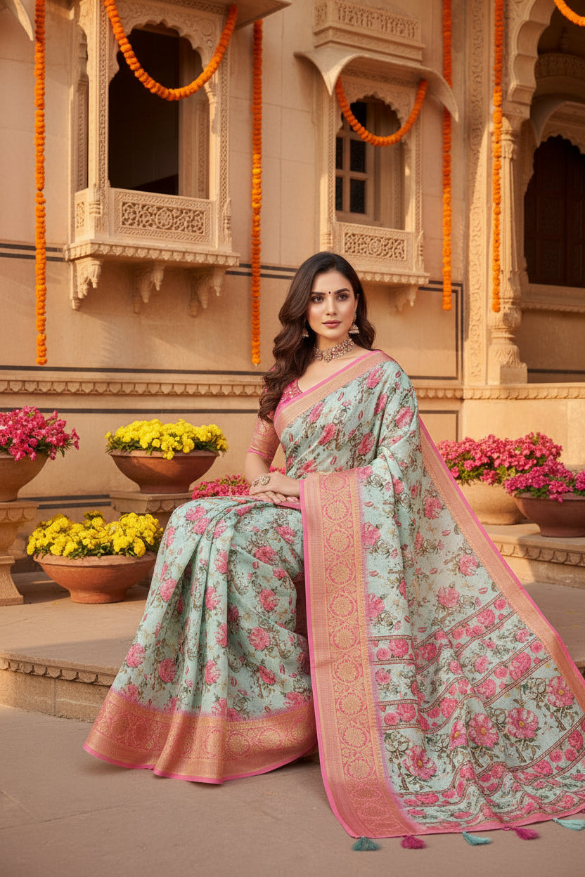 Women's Cotton Silk Floral Printed Saree With Unstitched Blouse 5.5Mtr (Multicolor)