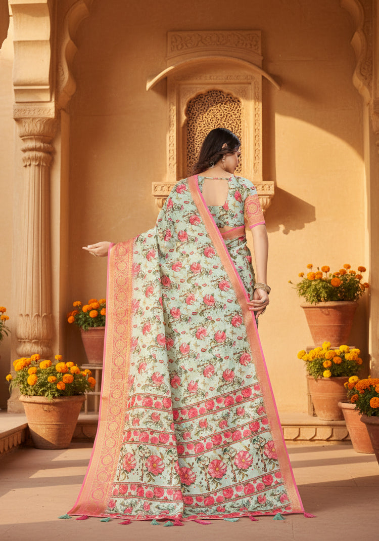 Women's Cotton Silk Floral Printed Saree With Unstitched Blouse 5.5Mtr (Multicolor)
