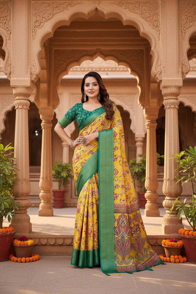 Women's cotton silk floral printed saree with unstitched blouse 5