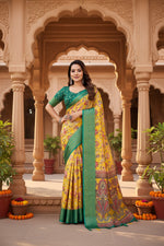 Load image into Gallery viewer, Women's Cotton Silk Floral Printed Saree With Unstitched Blouse 5.5Mtr (Yellow-Green)
