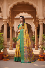 Load image into Gallery viewer, Women's Cotton Silk Floral Printed Saree With Unstitched Blouse 5.5Mtr (Yellow-Green)
