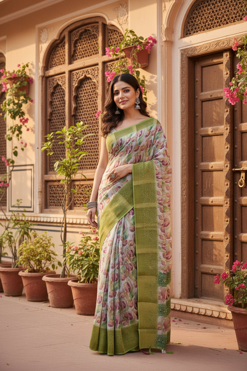 Women's cotton blend floral printed saree with unstitched blouse 5