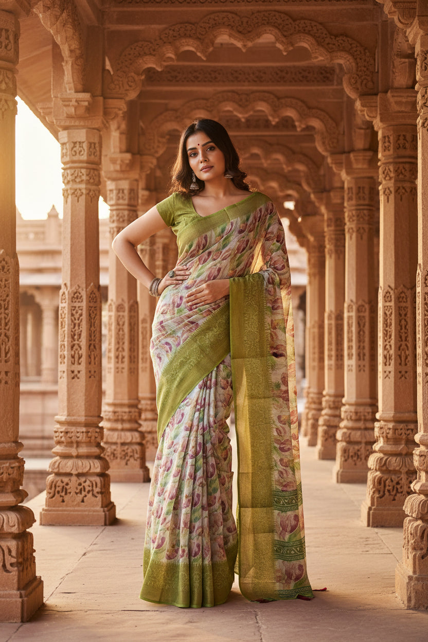 Pid 66695 women s cotton blend floral printed saree with unstitched blouse 5 5 mtr green 2 1000x1000