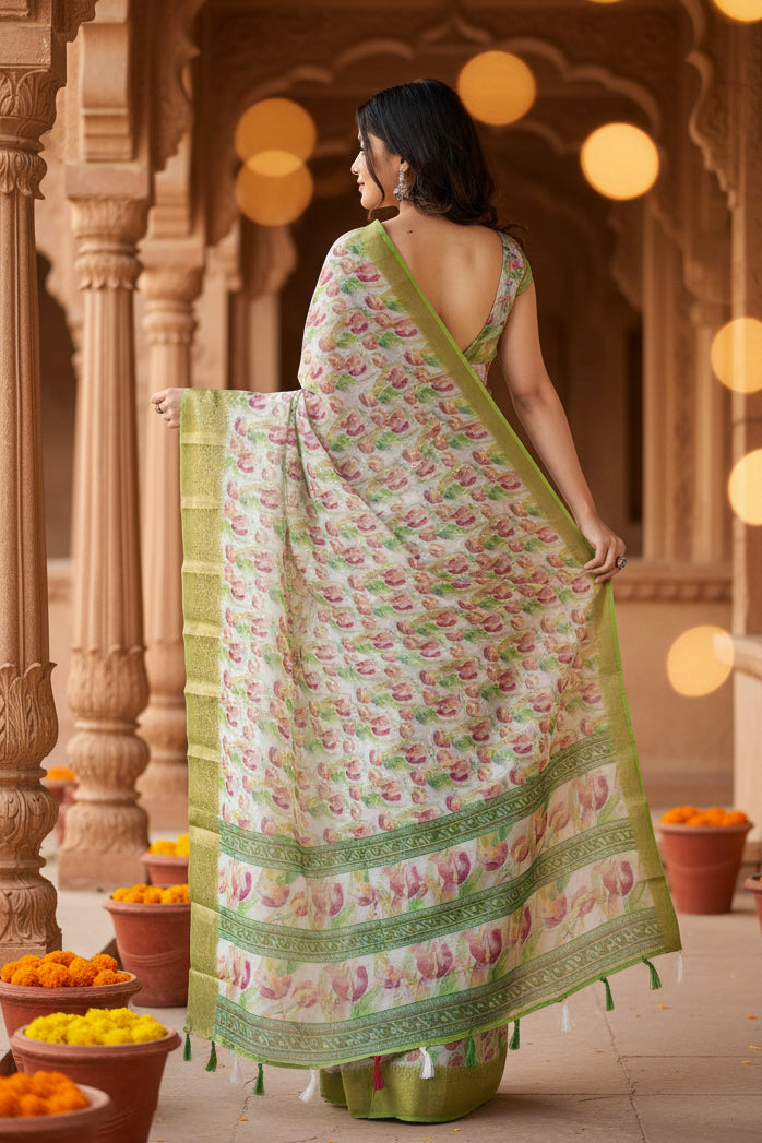 Women's Cotton Blend Floral Printed Saree With Unstitched Blouse 5.5Mtr (Green-White)