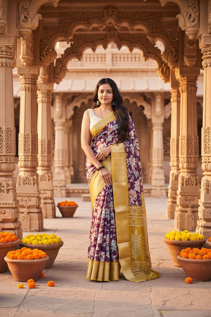 Women's Cotton Blend Floral Printed Saree With Unstitched Blouse 5.5Mtr (Purple)