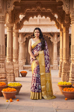 Load image into Gallery viewer, Women's Cotton Blend Floral Printed Saree With Unstitched Blouse 5.5Mtr (Purple)
