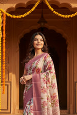 Load image into Gallery viewer, Women's Cotton Blend Floral Printed Saree With Unstitched Blouse 5.5Mtr (Pink)
