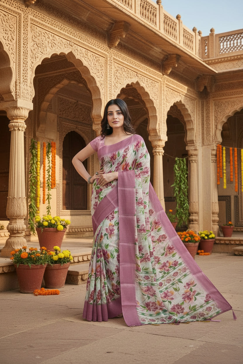 Women's Cotton Blend Floral Printed Saree With Unstitched Blouse 5.5Mtr (Pink)