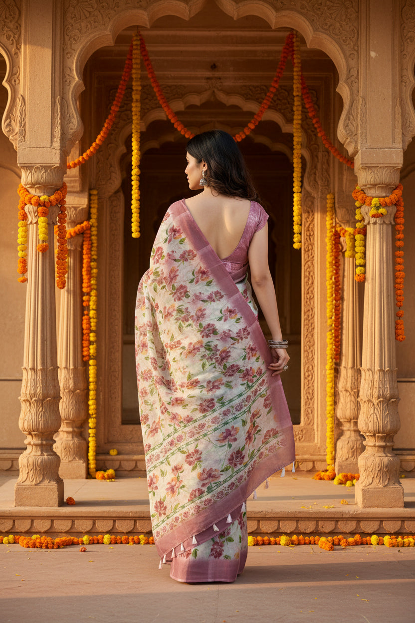 Women's Cotton Blend Floral Printed Saree With Unstitched Blouse 5.5Mtr (Pink)