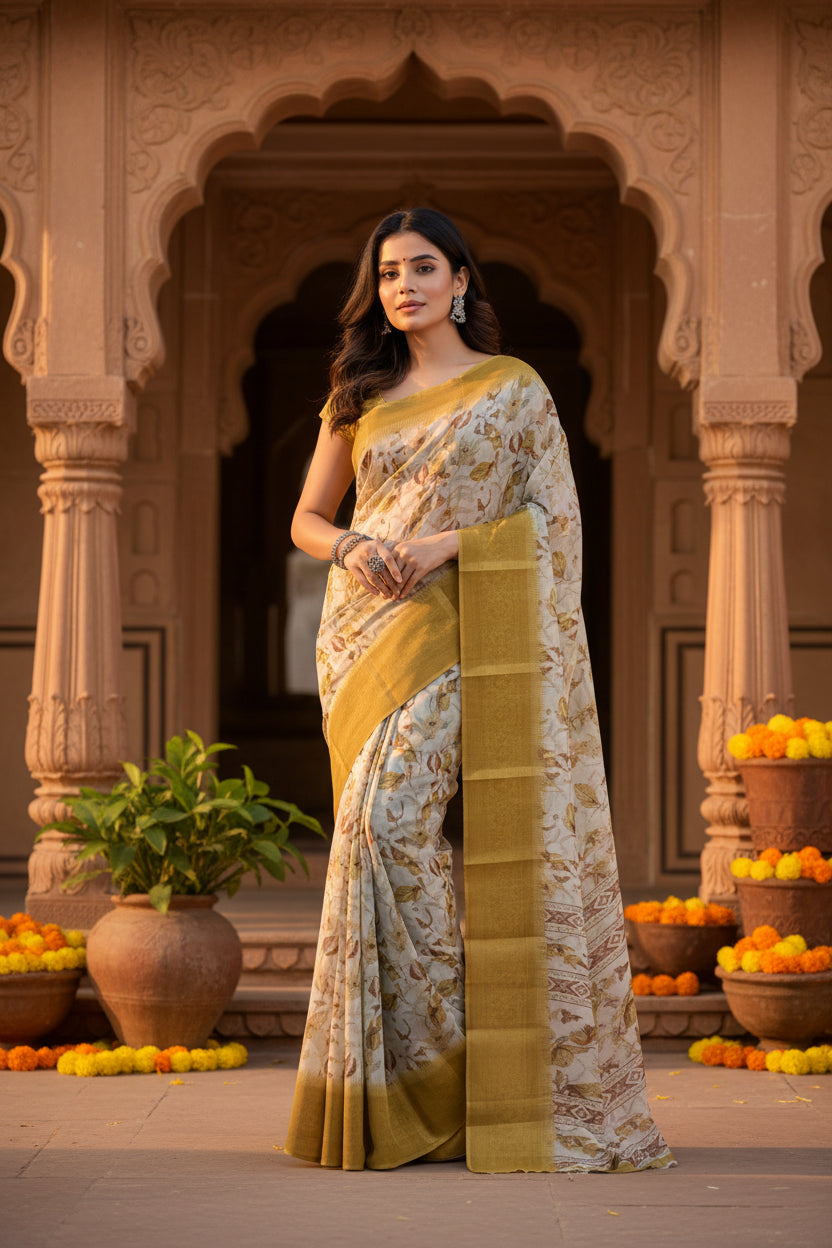 Pid 66698 women s cotton blend floral printed saree with unstitched blouse 5 5 mtr mustard 1 1000x1000