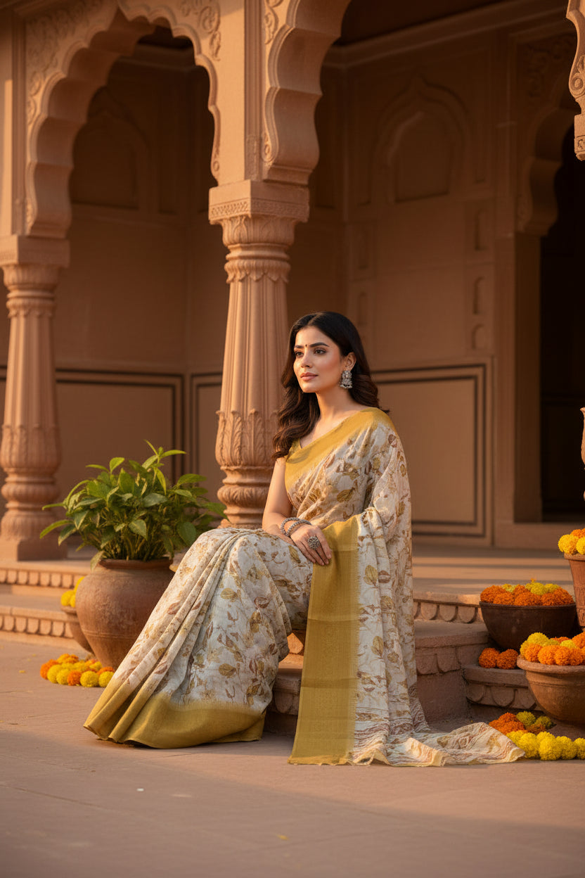 Women's Cotton Blend Floral Printed Saree With Unstitched Blouse 5.5Mtr (Mustard)