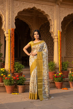 Load image into Gallery viewer, Women's Cotton Blend Floral Printed Saree With Unstitched Blouse 5.5Mtr (Mustard)
