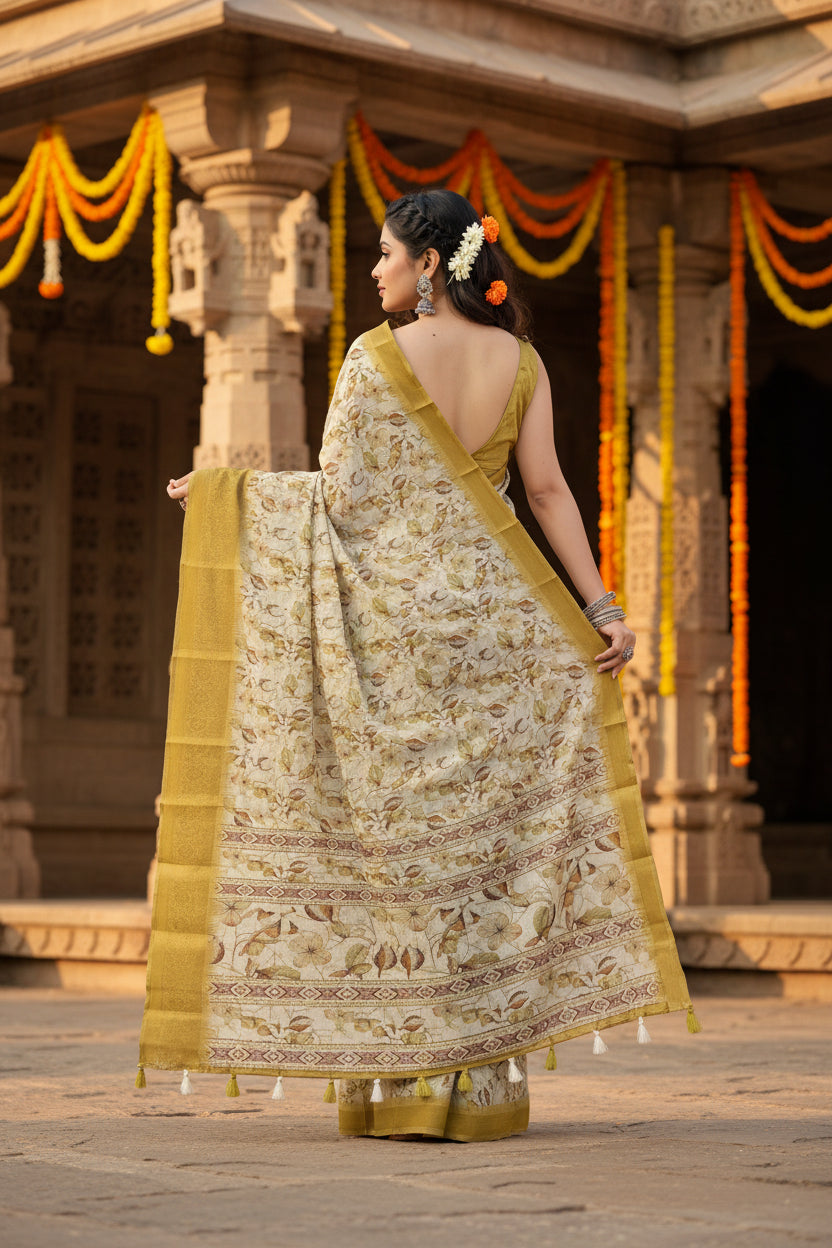 Women's cotton blend floral printed saree with unstitched blouse 5