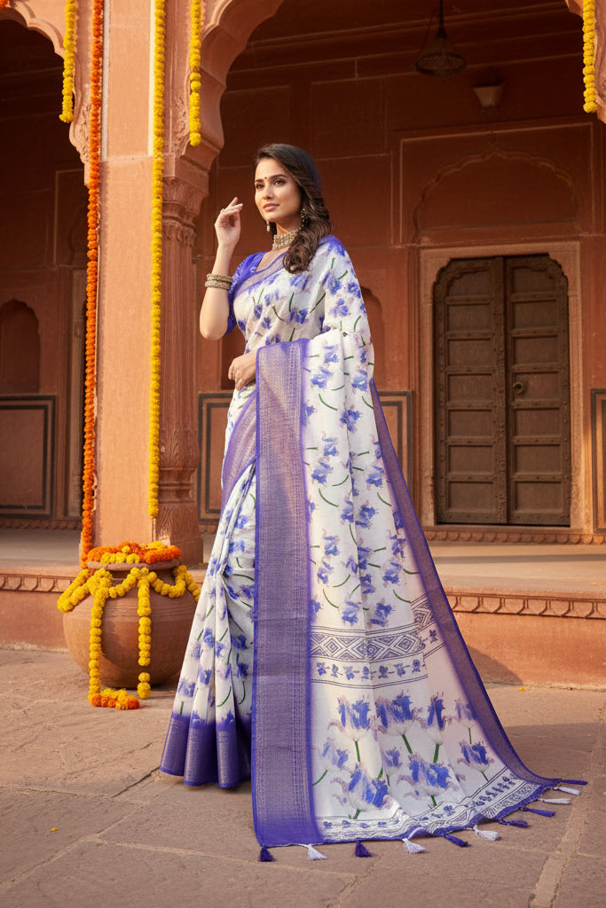 Women's Cotton Silk Floral Printed Saree With Unstitched Blouse 5.5Mtr (Blue)