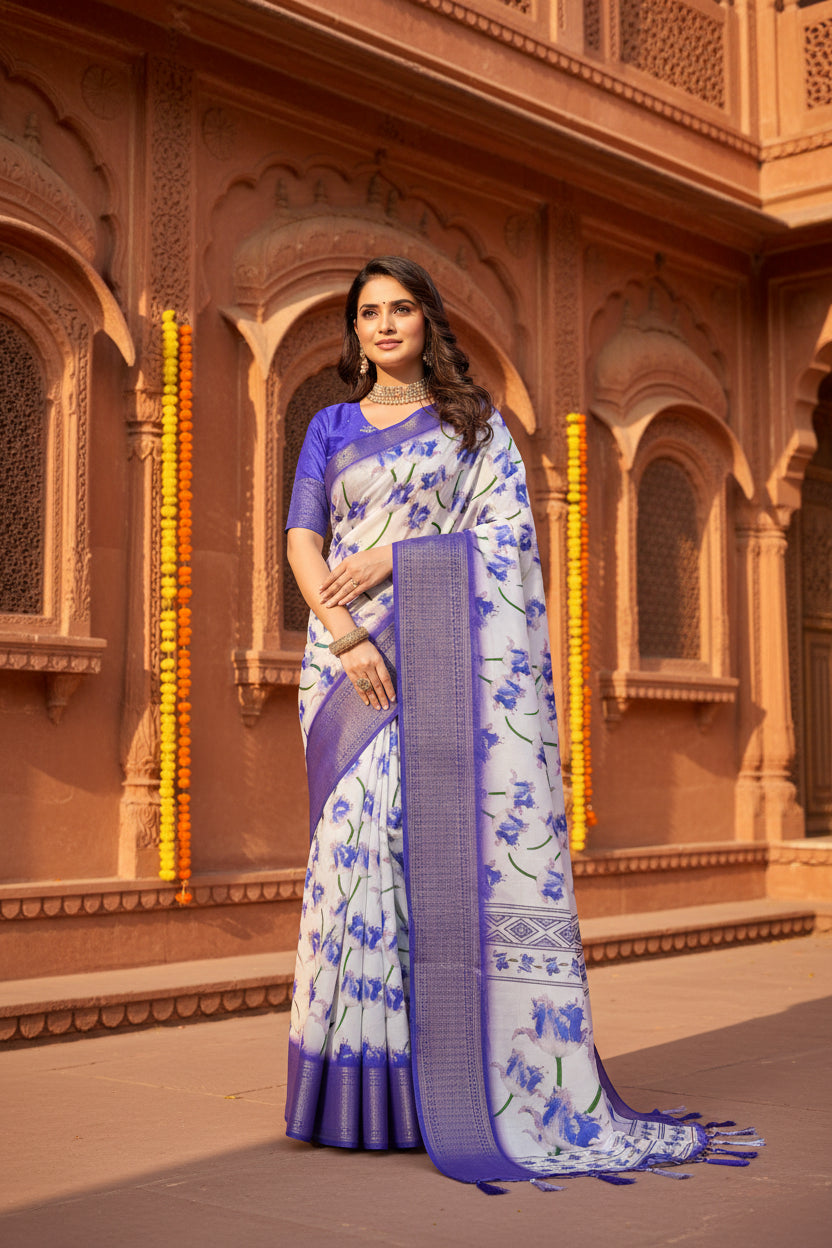 Women's Cotton Silk Floral Printed Saree With Unstitched Blouse 5.5Mtr (Blue)