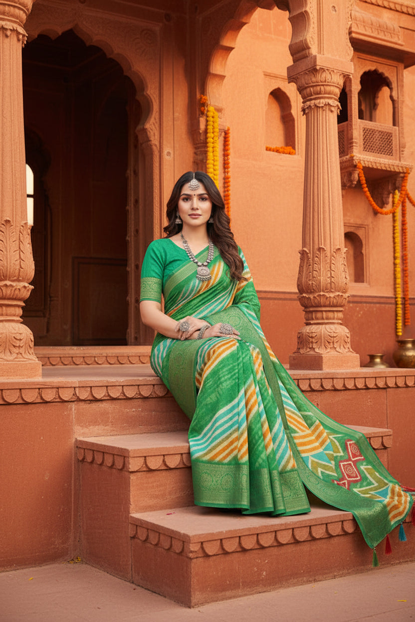 Women's Cotton Silk Striped  Saree With Unstitched Blouse 5.5Mtr (Green)